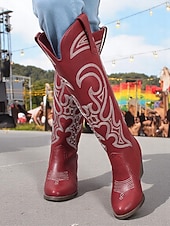 ieftine Cizme Cowboy &amp; Western-cizme de cowboy occidentale de damă cu design brodat – cizme elegante maro cu toc bloc pentru festivaluri de muzică, îmbrăcăminte casual și evenimente în aer liber