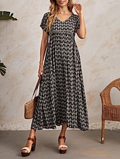 tanie Sukienka w paski i geometryczna-Damskie Sukienka maxi Sukienka A line Letnie sukienki Codzienny Codzienny Regularny Graficzny Geometryczny Krótki rękaw W serek Czarny Wino Czerwony Zielony Lato