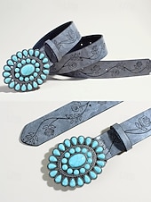 رخيصةأون حزام نسائي-حزام نسائي غربي فيروزي اللون - حزام خصر من الجلد الصناعي منقوش بالورود للروديو والمهرجانات وأزياء البوهو والملابس الكاجوال