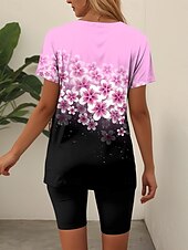 tanie Damskie krótkie komplety-Zestaw damski 2-częściowy modny t-shirt krótkie spodenki krótki rękaw dekolt w serek kolorowy graficzny nadruk casualowy codzienny różowy niebieski zielony lato regularny krój