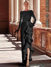 cheap RED-Red Green A-Line Evening Gown Elegant Dress Formal Floor Length Long Sleeve Jewel Neck Satin with Ruffles Slit Masquerade Dress
