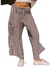 abordables jambe large et taille haute-Femmes Slacks Pantalons Streetwear Occasionnel Longueur complète Naturel Rayé Avec Poches Conception à cordon élastique Confortable Extérieur Rue Sortir Rouge orangé Bleu ciel clair Marine fonc