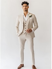 abordables Costumes de mariage-Costumes en lin pour hommes beige mode formelle 80% en lin costumes d&#039;été de couleur unie ajustement standard 3 pièces à boutonnage simple un bouton