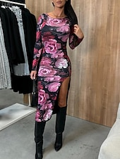 preiswerte Elegante Blumenkleider-Damen Midikleid Blumenkleid Sommerkleid Mode Modern Täglich Date Wochenende Normale Passform Blume Langarm Rundhalsausschnitt Schwarz Weiß Rose Sommer
