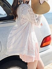 abordables Caftans-Maillots de bain pour femmes Robe de bain Cover Up Maillot de bain en dentelle Mode de vacances Plage Unisexe Manches longues Maillots de bain