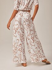 cheap Pants-Artistic Print Elastic Tie Waist &amp; Linen-Like Fabric Wide-Leg Pants