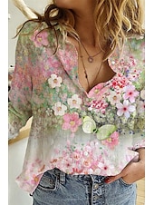 billige Skjorter-Dame Skjorte Knapp opp Bluse Blomsternål i krystall Moderne Fritid Langermet Skjortekrage Vanlige topper Daglig Ut på byen Trykt mønster Gul Lysegrønn Rosa Lilla Grønn Sommer