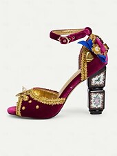 economico Scarpe vintage da donna-sandali da donna in velluto bordeaux con decorazioni dorate – sandali con cinturino alla caviglia in stile barocco con tacchi a blocco decorativi per eventi formali, feste in maschera e spettacoli teatrali