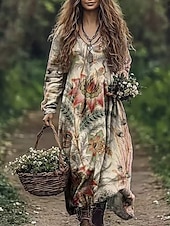 tanie Sukienki boho-Damskie Długa sukienka sukienka maxi Codzienne sukienki Letnie sukienki Sukienka Boho Plemienny Urlop Codzienny Regularny Kwiaty Długi rękaw W serek Czarny Rumiany róż Burgundowy Niebieski Lato