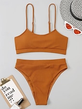 abordables Ensemble de bikinis-Femmes Maillots de Bain Bikini 2 pièces Maillot de bain Dos nu Tropical Tenues de plage Uni Col en U Sans manches Maillots de bain