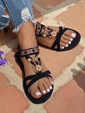 economico Infradito da Vacanza-sandali piatti con perline floreali in stile bohémien da donna – sandali gladiatore slip-on in stile etnico per gite in spiaggia e vacanze estive