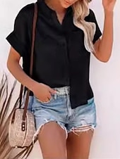 economico Camicie-Per donna Camicie di cotone e lino Blusa Semplice Moderno Casual Manica Corta Colletto a Camicia Top Regolari Ferie Uscire Bottoni Tasca Nero Bianco Rosa Estate