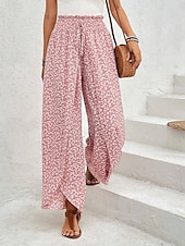billiga breda ben och hög midja-Kvinnors vida chinos baggy byxor semester mode full längd hög midja blommig elastisk midja tryck komfort utomhus mikro-elastisk semester gata avslappnad svart vit rosa khaki sommar vår