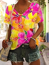 economico T-shirt floreale-Per donna Maglietta Floreale Grafico Piante Vintage Tropicale Hawaiano Manica Corta Scollo a V Top Regolari Quotidiano Stampato Rosa Blu Reale Blu Verde Estate Primavera