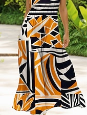 preiswerte Streifen- und geometrische Kleider-Damen Midikleid Freizeitkleid Sommerkleid A Linie Kleid Schulterfreies Kleid Urlaub Lässig Normale Passform Grafik Geometrisch Abstrakt Ärmellos U-Ausschnitt Rundausschnitt Gelb Blau Grün Sommer