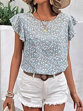 preiswerte Damen Einfache Oberteile-Damen T Shirt Blumen Mode Modern Kurzarm Rundhalsausschnitt Normale Oberteile Täglich Ausgehen Rüsche Grün Sommer