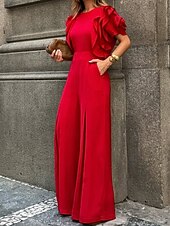 cheap Pantsuits &amp; Jumpsuits-Jumpsuits Evening Gown Vintage Dress Semi Formal Wedding Guest Floor Length Sleeveless Crew Neck Stretch Crepe with Ruffles