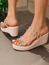 ieftine Sandale cu platformă tip pană-sandale de damă cu diapozitive transparente, cu ornamente de perle – design elegant șic cu toc, încălțăminte confortabilă și elegantă pentru vară, plajă și ieșiri casual