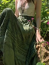 ieftine Fuste grafice-Pentru femei Fustă Boemia Boho Midi Talie Medie Fuste Floral Imprimeu Micro-elastic Stradă Ieșire Verde Vară Poliester