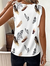 billige Boho tank topp-Dame Camisole Tank Top Grafisk Fjær Elegant Bohem Stilfull Ermeløs V-hals Vanlige topper Daglig Ut på byen Ferieklær Trykt mønster Hvit Sommer Vår