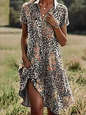 levne Květinové šaty-Dámské Mini šaty Volnočasové šaty Letní šaty Boho šaty Africký vzor Dovolená Denní Víkend Běžný Květinový Krátký rukáv Košilový límec aqua modrá Rubínově červená Vodní modrá Hnědá Léto