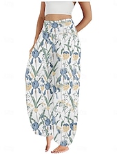economico Pantaloni in cotone e lino con grafica-Per donna Pantaloni ispirati al lino Gamba larga Pantaloni Stile Etnico Casual Boho Lunghezza intera Vita Alta Floreale Foglia Tropicale Tasca Elastico in vita Stampa Traspirabilità Morbido