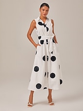preiswerte Blumenkleider-Damen blusenkleid Saum Maxi Maxidress Weiß Ärmellos Punkt Tasche Bindegürtel Sommer Kargen Casual S M L
