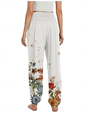 billiga Grafisk linnebyxa i bomull-Dam Linneinspirerade byxor Brett skaft Byxor Etnisk Stil Ledigt Boho Fullängd Hög midja Blommig Ficka Elastisk midja Tryck Mateial som andas Mjuk Microelastisk Utomhus Yoga Vit Gul Rosa Purpur Sommar