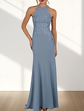 economico Abiti da damigella-Abito da damigella a sirena / tromba, scollo a giro / collo all&#039;americana, senza maniche, elegante, in chiffon con strascico a ruota e applicazioni 2025