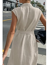 abordables concevoir des robes en coton et lin-Femmes Robe Midi Robe Chemise Robe en coton et lin Moderne Quotidien Sortir Week-end Coupe régulière Uni Sans manches Col de chemise Kaki Été