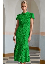 abordables Robes de cocktail-Robe Cocktail Colonne Jaune Bleue Élégante Robe Brodée Mariage Formelle Longueur Cheville Manches Courtes Col Montant Dentelle avec Fente
