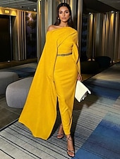 abordables Robes de cocktail-Robe de soirée jaune élégante, robe de mariée formelle, longueur au sol, manches longues, col bateau, crêpe extensible avec châle fendu, 2025