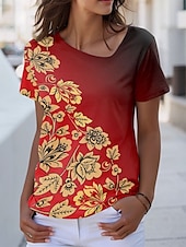 cheap Floral tee-Women&#039;s T Shirt Ombre Floral Graphic Vintage Stylish Basic Short Sleeve Crew Neck V Neck Round Neck Regular Tops Daily Weekend Print Red Summer Spring