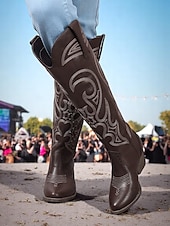 ieftine Cizme Cowboy &amp; Western-cizme de cowboy occidentale de damă cu design brodat – cizme elegante maro cu toc bloc pentru festivaluri de muzică, îmbrăcăminte casual și evenimente în aer liber