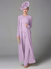 cheap Mom&#039;s Pant Suits-Beach Wedding Jumpsuit / Pantsuit 3 Piece Mother of the Bride  Formal Wedding Guest Elegant Plus Size Wrap Included Bateau Neck Floor Length Chiffon Long Sleeve Wrap Included with Beading