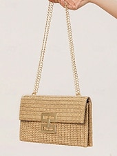preiswerte Umhängetaschen-Damen-Umhängetasche aus gewebtem Stroh mit goldenem Kettenriemen – elegante Sommer-Clutch für Strand-, Urlaubs- und Resort-Outfits