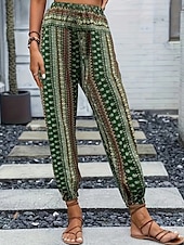 preiswerte weites Bein und hohe Taille-Damen Jogginghose Hosen Hose Urlaub Boho Volle Länge Mittlere Taille Geometrisch Elastischer Bund Atmungsaktiv Bequem Mikroelastisch Straße Alltagskleidung Ausgehen Dunkelbraun Weiß Rot Dunkelgrün