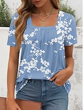 abordables T-shirt floral-Femmes T-shirt Fleuri Graphique Élégant Classique Occasionnel Manche Courte Col carré Hauts Réguliers Quotidien Week-end Imprimé Rose Claire Bleu Vert Été