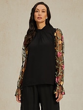 billiga Tunika Toppar-Dam Tunika Ensfärgat Nät Broderad Dagligen Elegant Ledigt Långärmad Rund hals Svart Vår Höst
