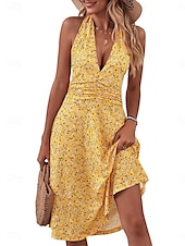 abordables Robes fleuries-Femmes Mini Robe Robe trapèze Robe dos nu Vacances Occasionnel Boho Extérieur Sortir Plage Coupe régulière Fleuri Sans manches Col Halter Jaune Rouge Bleu Vert Été