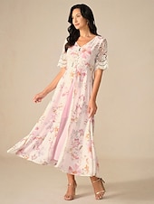 abordables Robes de vacances-Femme Robe Maxi Robe Trapèze Elégant mode Vacances du quotidien Standard Floral Manche Courte Col V Rose Claire Eté