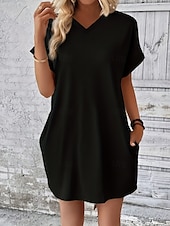 preiswerte Weißes Kleid-Damen Mini Kleid T-Shirt Kleid Tee Kleid einfarbig Sommer Kleid lässig täglich reguläre Passform Grafik Kurzarm V-Ausschnitt Schwarz Rot Olivgrün Aprikose Sommer