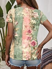 billige Stripe og geometrisk t-skjorte-Dame T skjorte Blomstret Grafisk Geometrisk Stilfull Klassisk Fritid Kortermet V-hals Vanlige topper Daglig Trykt mønster Grønn Sommer Vår