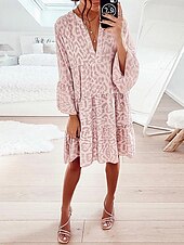 billiga Blommiga klänningar-Dam Mini klänning Volangkjol Ledigt Utomhus Utekväll Lös passning Grafisk Leopard 3/4 ärm V-hals Svart Vit Rodnande Rosa Blå Sommar