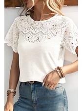 abordables Hauts en dentelle-Femmes Chemisier Hauts en dentelle Uni Occasionnel Manche Courte Col ras du cou Hauts Réguliers Quotidien Fête Sortir Dentelle Noir Blanche Violet Été