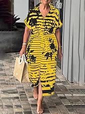 abordables Robe Fleurie-Femmes Robe maxi Robe trapèze Robe d&#039;été Occasionnel Quotidien Coupe régulière Fleuri Graphique Rayé Manche Courte Col en V Noir Blanche Jaune bleu marine Été