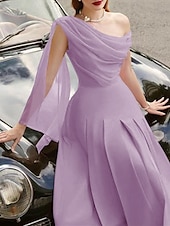 abordables Robes de cocktail-Robe de plage A-Line Robes cocktail Élégante Robe Invité de mariage Longueur thé Sans manches Col chauve-souris Tissu extensible avec volants Robes