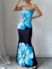 cheap Elegant Floral Dresses-Women&#039;s Long Dress Maxi Dress Prom Dress Bodycon Summer Dress Elegant Fashion Party Holiday Date Regular Fit Flower Sleeveless Strapless Red Blue Summer Spring
