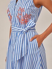 preiswerte Blumenkleider-Sommerliches, gestreiftes, besticktes, ärmelloses, mittellanges Kleid