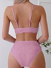 billiga Bikiniset-Kvinnors baddräkter bikini 2-delad tärnande baddräkt rygglös semester strandkläder randig V-hals ärmlös baddräkter